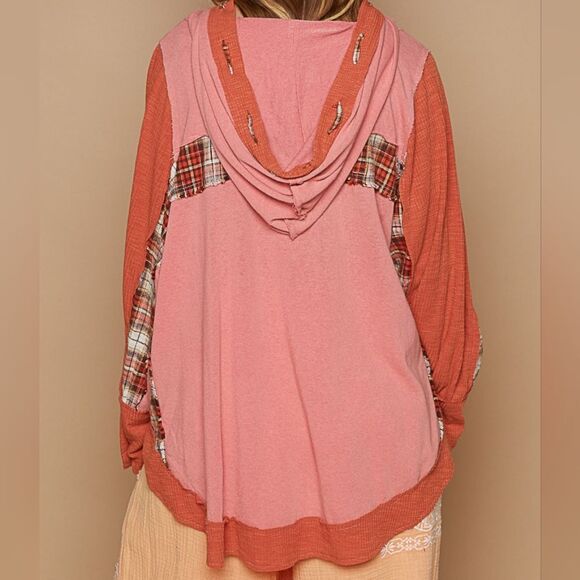 POL USA Oversized Drawstring Long Sleeve Hoodie Plaid Detail Button Sleeve sz La - Picture 4 of 7